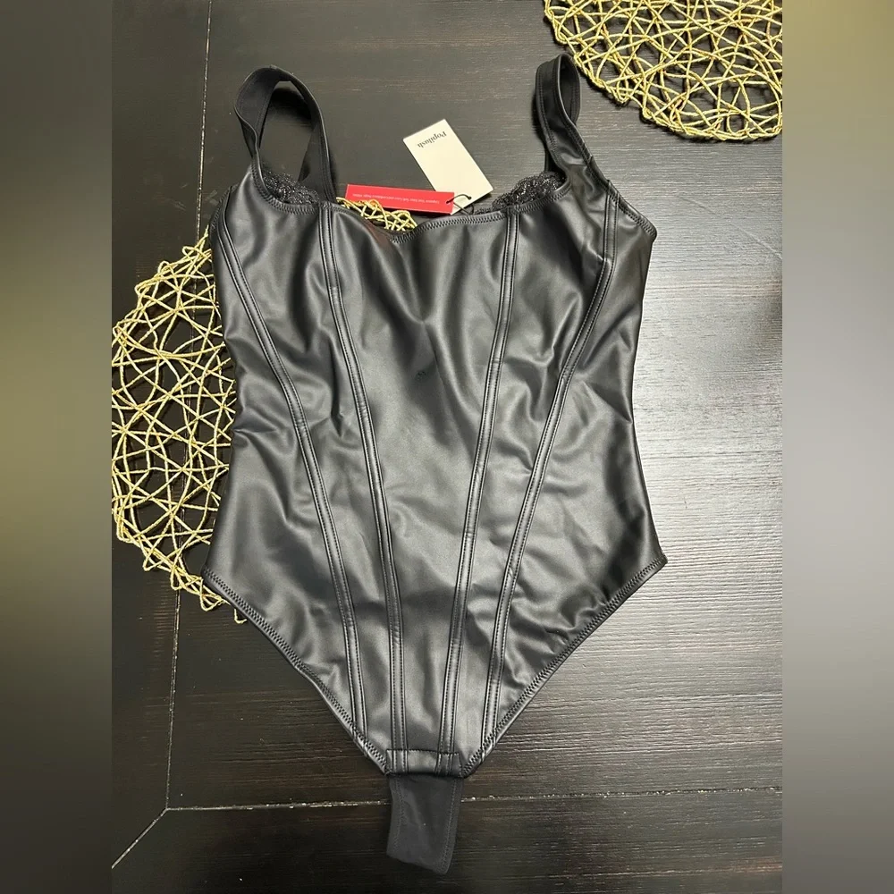 Popilush Leather Corset Lace Shapewear Bodysuits Tummy Control Faux Leather - Picture 7 of 9